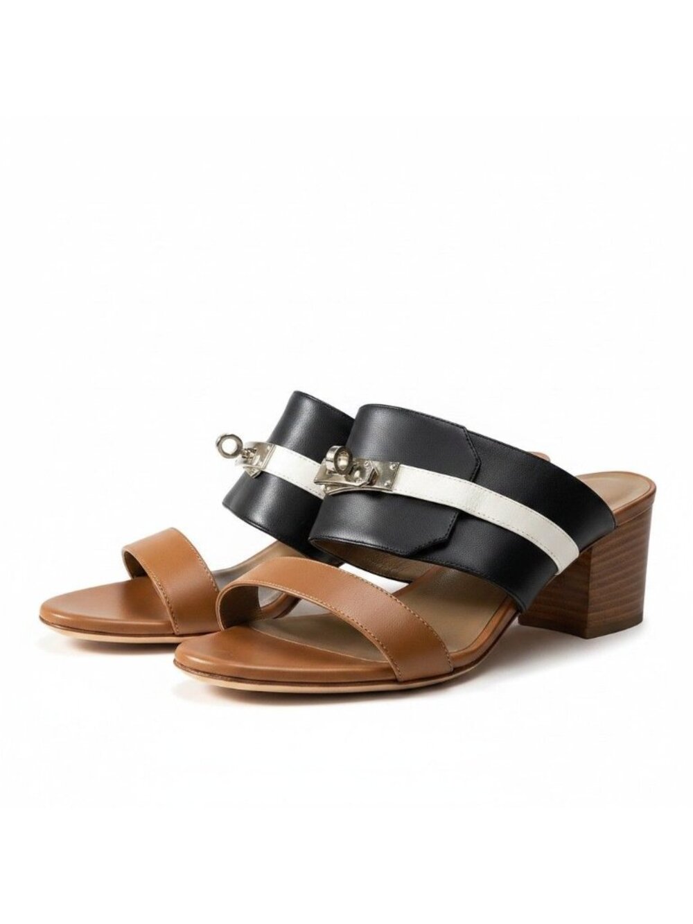 Hermes G1 Ovasion Kelly Chunky Heel Sandals Black Brown White